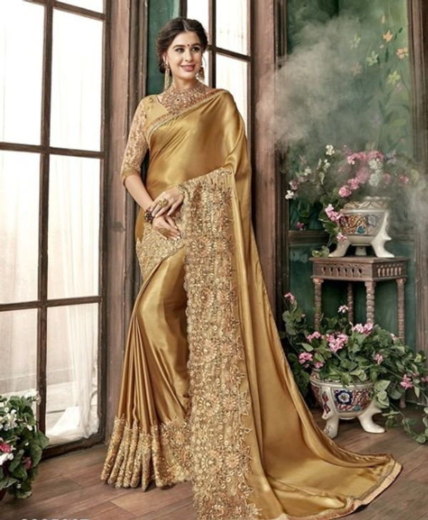 Lycra Embroidery Golden Saree for Wedding/ Partywear - Golden